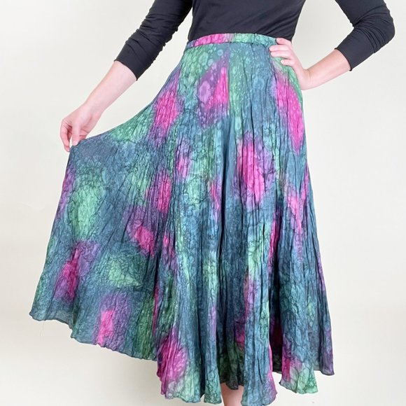Vintage 100% Silk High Rise Boho Midi Skirt Flowy Mermaid Tie Dye Bohemian Drape - Picture 1 of 6